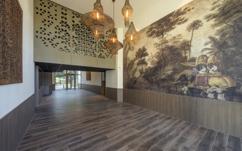 Hall Résidence avec suspensions lumineuse papier peint panoramique jungle